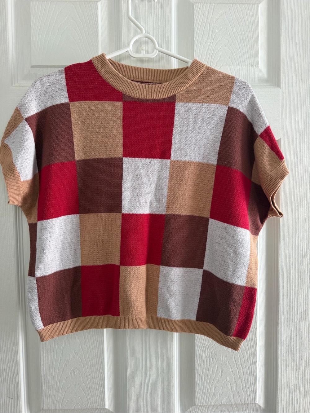 Colorblock Checker Knit Top - Red, Tan, Brown, Cream